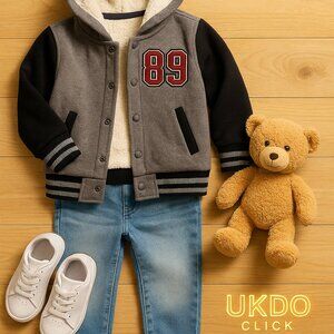 Kids Gray & Black Varsity Hoodie Jacket with Soft Sherpa Lining Size 5 – Casual